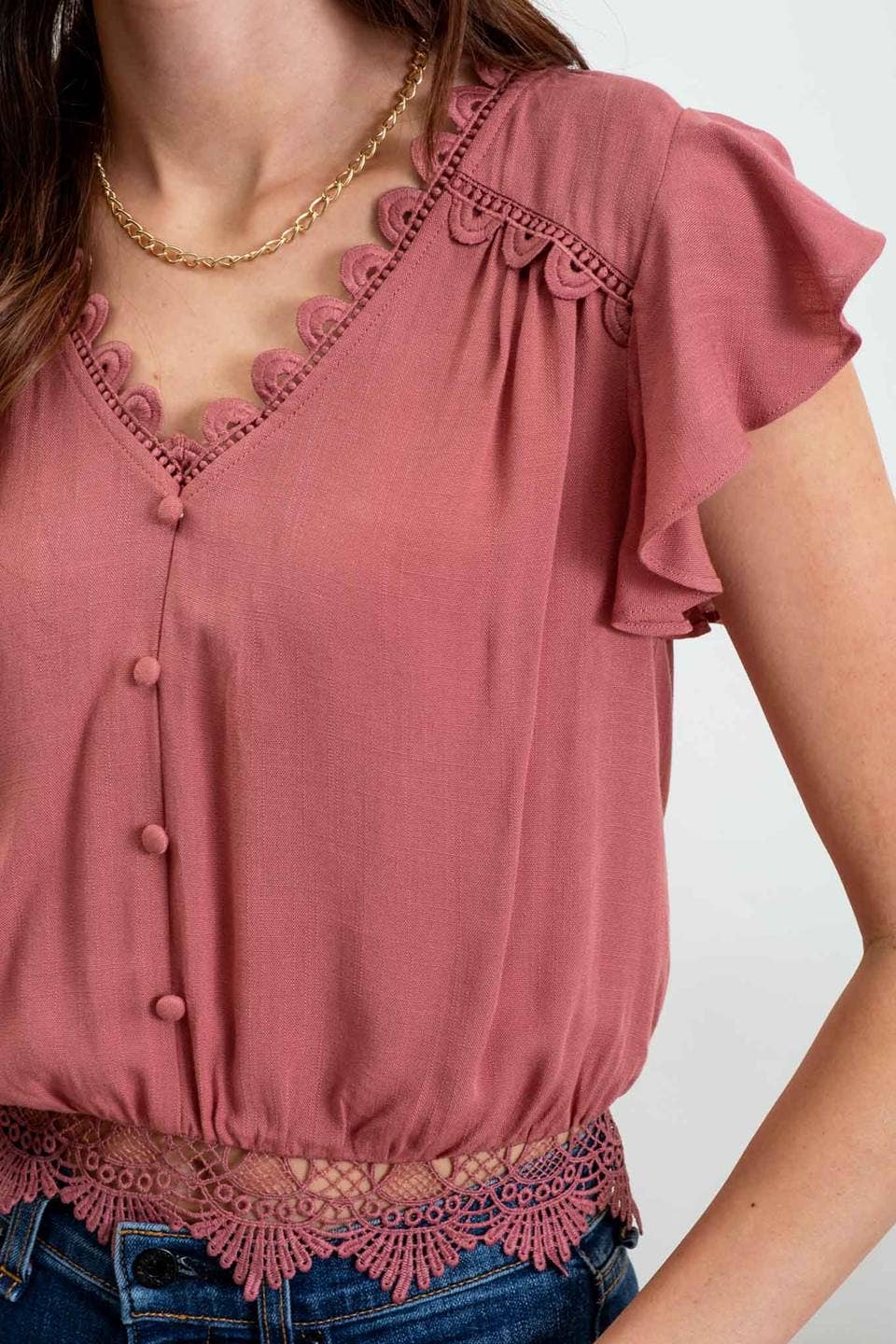 Mauve Scalloped Lace Trim Tie Back Crop Top
