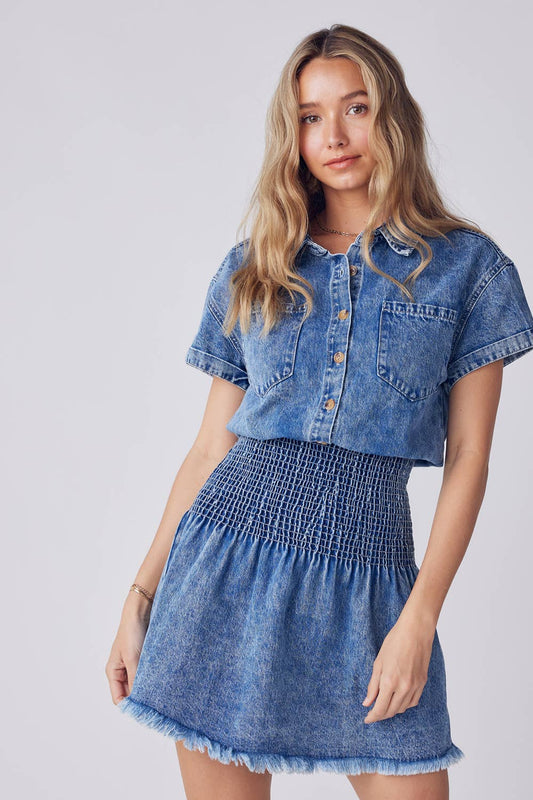 Button Front Smock Wait Denim Mini Dress
