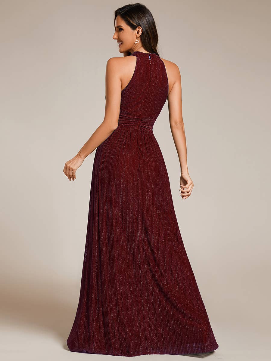 Burgundy Glittery Halter Neck Pleated Evening Dress