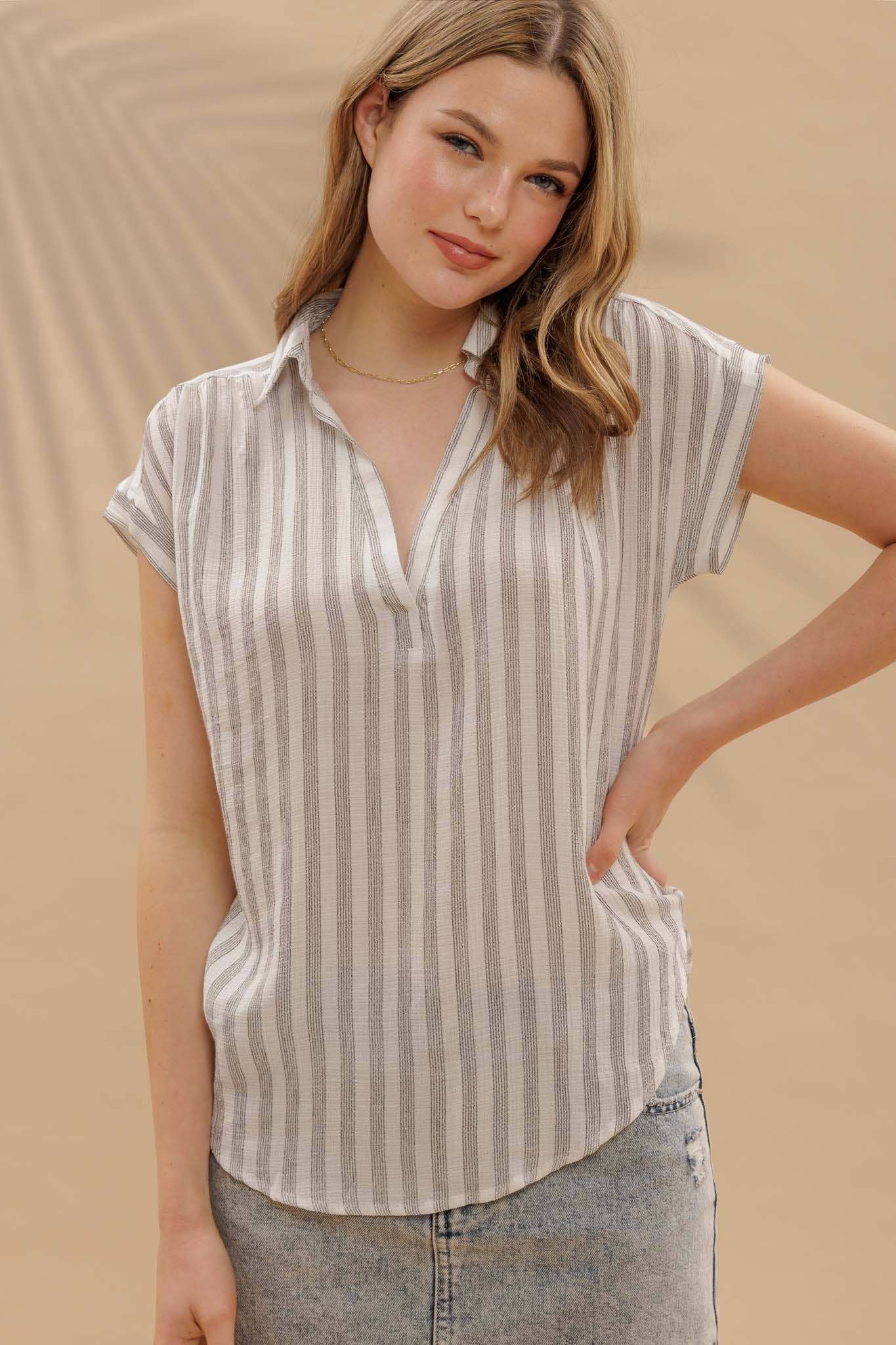 Black and White Striped Collared Front Top