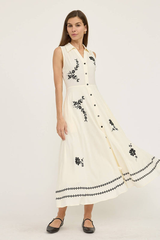 Ivory Sleeveless Embroidered Button Front Maxi Dress