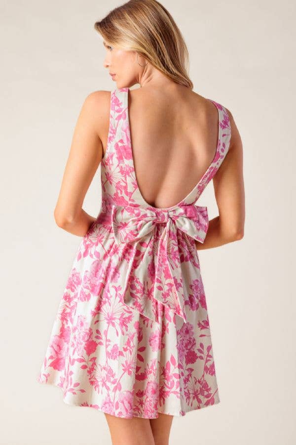Pink Bow Detail Open back Floral Print Mini Dress