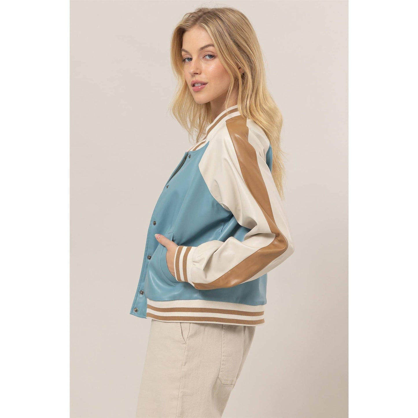 Faux Leather Color Block Baseball Jacket