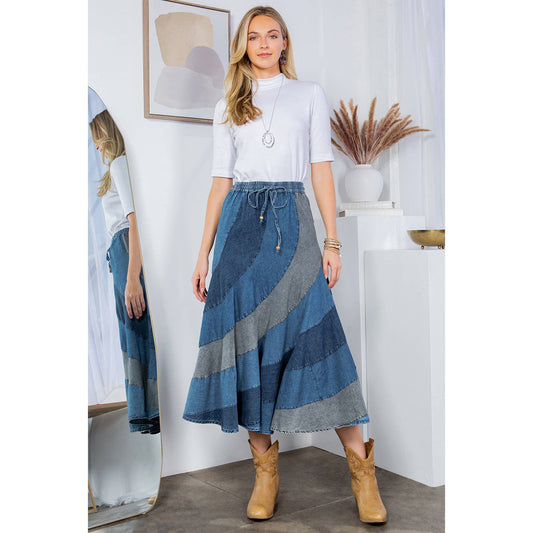 Mid-Length Denim Skirt With Asymmetrical Bias Panels