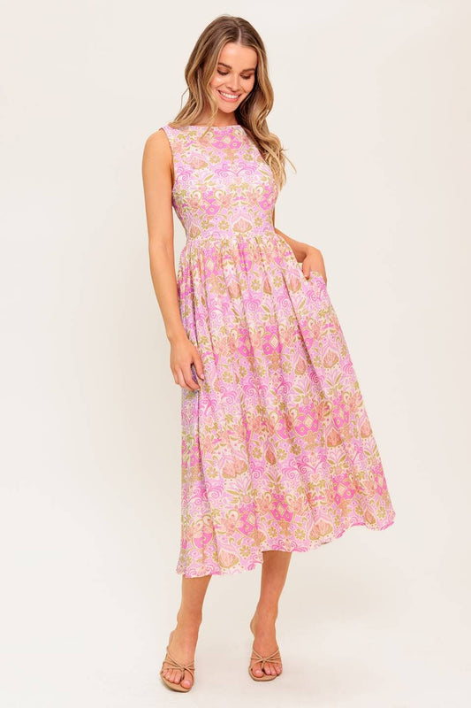Pink Floral Print Midi Dress