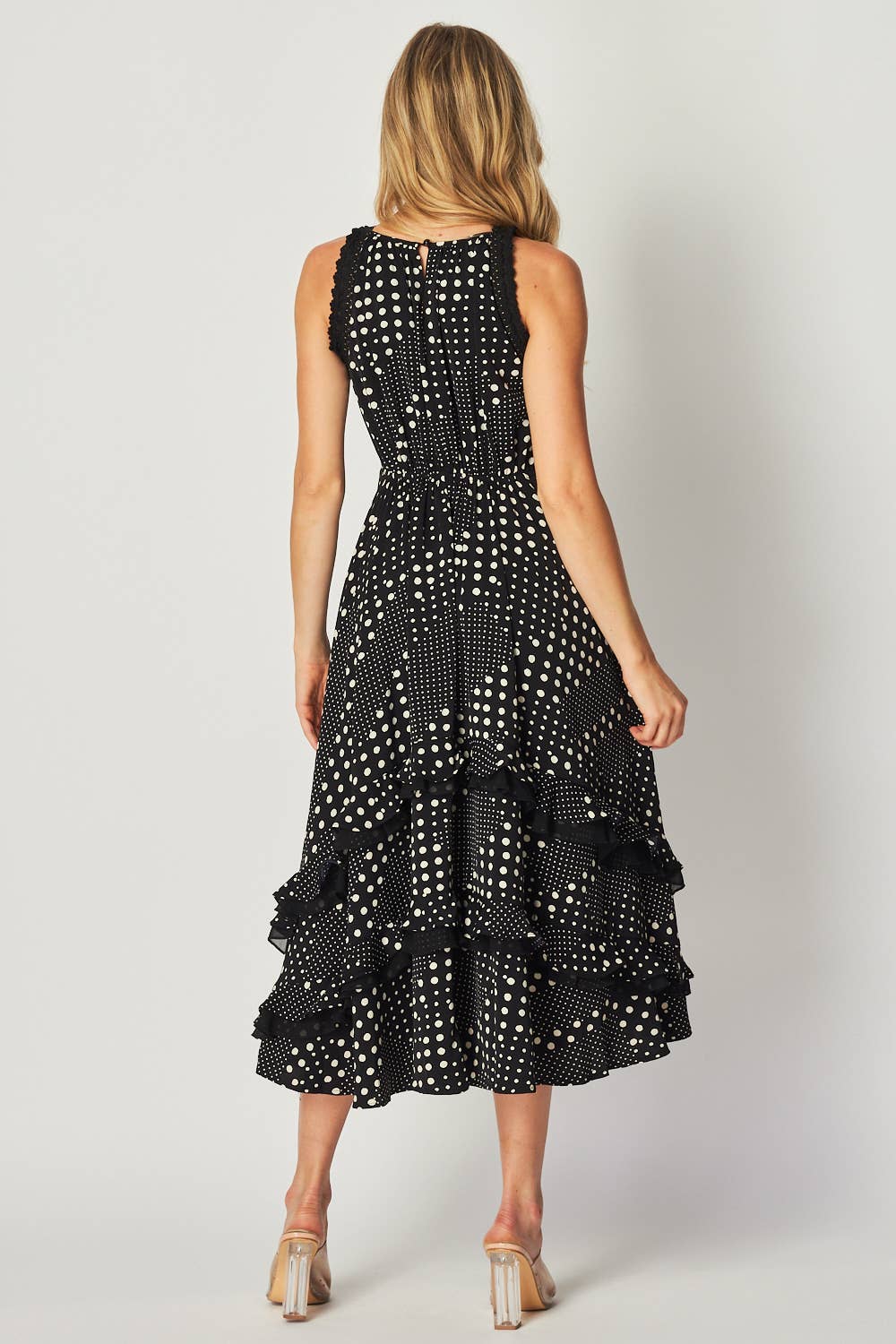 Polka Dot Sleeveless Tiered Midi Dress