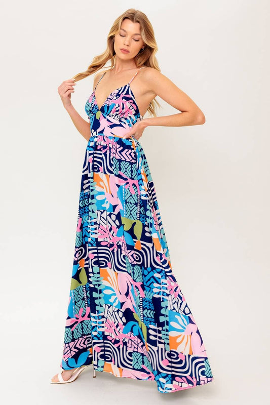 Tropical Print Sleeveless Maxi Dress