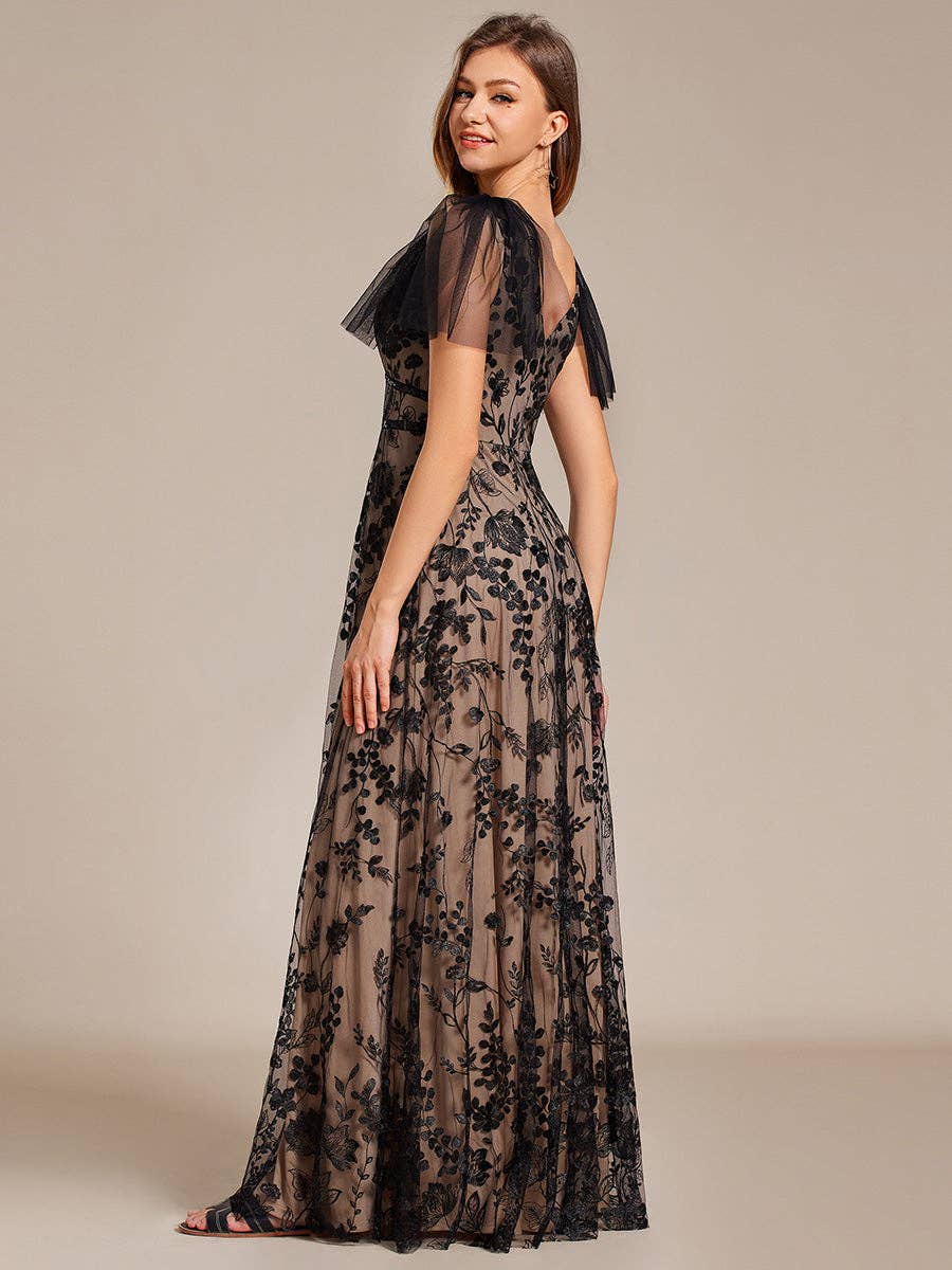 Black and Nude Embroidery Deep V-Neck Ruffles Tulle Dresses