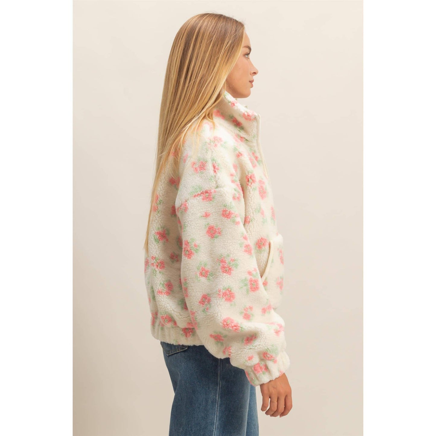 Comfy Floral Print Sherpa Zip-Up Jacket