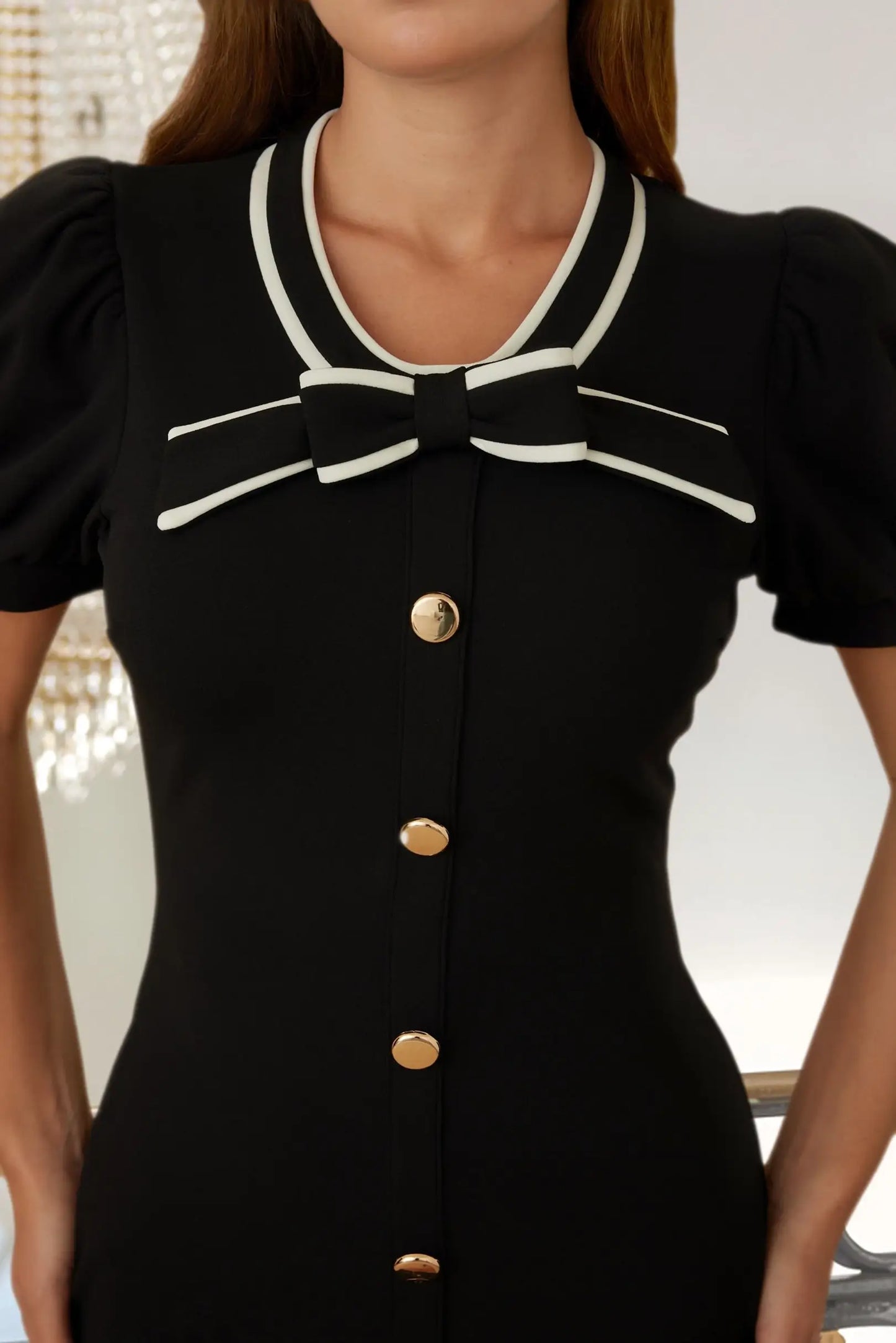Black Bow Detail Button Front Fitted Mini Dress