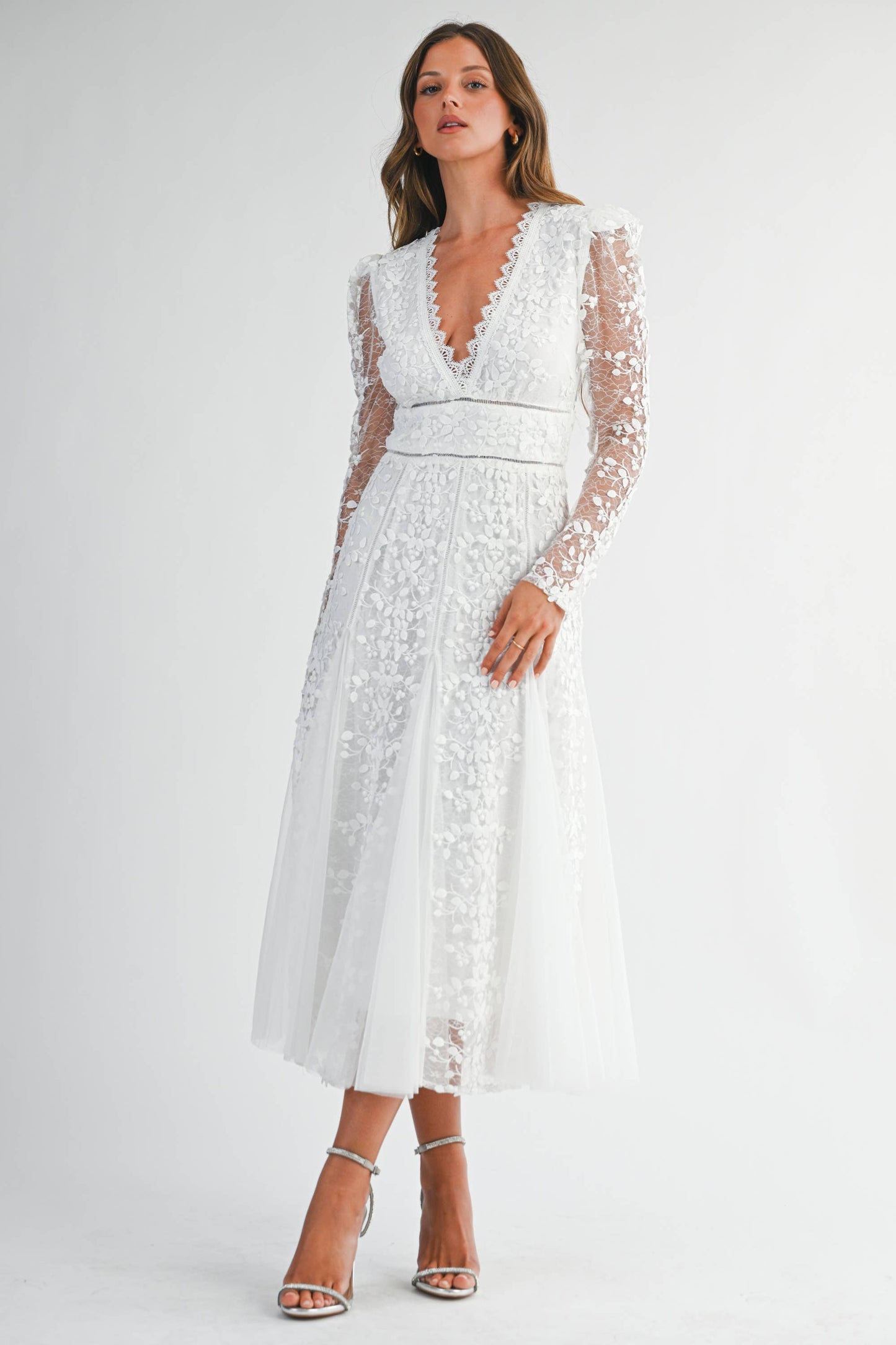 White Floral Embroidered Lace A-Line Dress